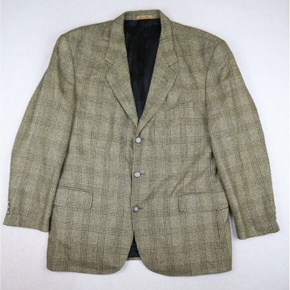 J. RIGGINGS - BEIGE & BLACK PLAID WOOL SILK BLEND BLAZER JACKET SPORT COAT 44R - Picture 1 of 11